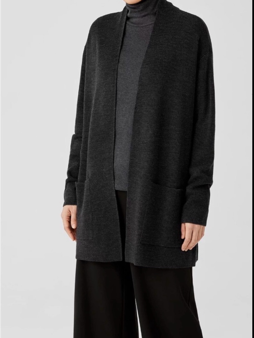 Eileen Fisher Dark Charcoal Open-Front Oversized Long Cardigan Size L